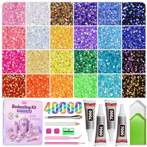 Fournine 40000Pcs Resin Jelly Rhinestones for Bedazzling Kit | 24 Colours, 3mm Multicolor Flatback Rhinestones, with 4Pcs Glue and Tools, Bedazzle Kit for Crafting Book Makeup Shoes