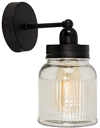 MiniSun | Industrial Steampunk Style Satin Black Pipework Single Wall Light with a Clear Glass Ribbed Pattern Design Jar Shade | Wall Lights & Home Improvements Essential | Mains Wired