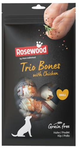 Rosewood Trio Bones - Hähnchen-Kaustangen für kleine Hunde - Rinderhaut-Leckerlis mit Hühnchen, Zahnpflege, Getreide- und glutenfrei, ohne künstliche Zusätze, 80g