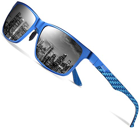 DUCO Herren Polarisierte Sonnenbrille mit Rechteckig Metallrahmen und Kohlefaser Brille Beine UV400 CAT 3 8206 (Blau Rahmen Schwarz linse)