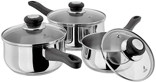 Judge Vista Stainless Steel Set of Pans, 3-Piece Set, 16cm, 18cm & 20cm Saucepans, Classic Curved Shape, Vented Glass Lids, Induction Ready, Oven Safe, 25 Year Guarantee