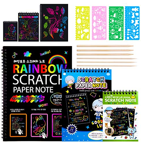 MELLIEX 3 Stück Kratzbilder Notizbuch Set für Kinder, DIY Kratzpapier Bastelset zum Zeichnen und Basteln mit Zeichnung Lineal und Hölzerner Stift