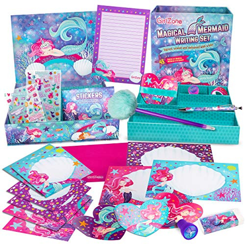 GirlZone Regalo Ragazza Set Cancelleria Sirena per Bambina - Kit per Scrivere Carta da Lettere da 45 Pezzi con Buste, Carte, Cartoline e Tanto Altro - Regalo per Bambine 9-12 Anni
