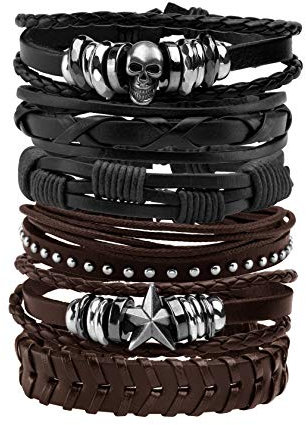MILAKOO Leather Bracelet Black Brown Braided Wide Wristband Women Men Punk Jewelry Skull