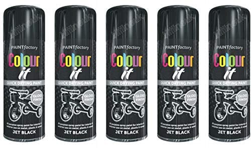HitlineUK Spray Paint - Jet Black Gloss - (Case of 5 x 250ml cans) Spray Paint for Metal, Wood, Stone, Cardboard and Paper