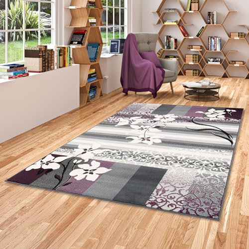 Pergamon Designer Teppich Samba Modern Grau Lila Blumen in 5 Größen