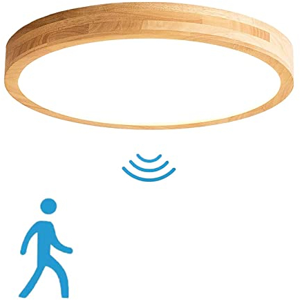 VOMI LED Deckenleuchte mit Bewegungsmelder Holz, Holzmaserung Design Deckenlampe Rund 40cm Holzlampe Decke, 24W Kaltweiß 6000K Deckenbeleuchtung für Flur Treppenhaus Keller Garage