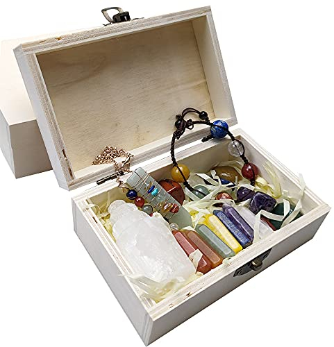 17-teiliges Naturheilkristall-Set in Holzkiste, Chakra-Kristall-Zauberstab, Trommelsteine, Selenit-Turm, Chakra-Pendel & Armband-Balancing-Meditation
