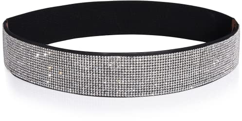 YooAi Strass Elastischer PU Ledergürtel Glänzender Kristall Stretch Taillengürtel Breiter Taillenbund für Frauen Kleid 80cm Schwarz