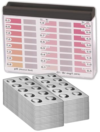 Wassertester Premium Rapid Methode Chlor pH, mit 400 Testtabletten, 200 x Phenol Red und 200 x DPD1, Anzeige von 16 verschieden Messwerten