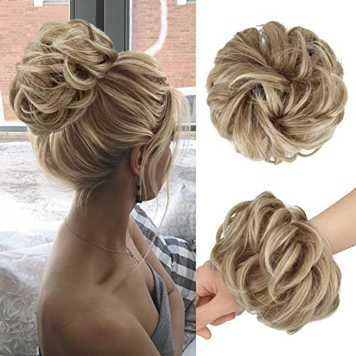 FESHFEN Haarteil Mit Gummiband, Groß Dutt Haarteil Haargummi Mit Haaren Gelockt Haardutt Synthetisch Haarverlängerung Pferdeschwanz Haarteile für Damen Mädchen, Gemischte Blond & Aschblond Spitzen 55g