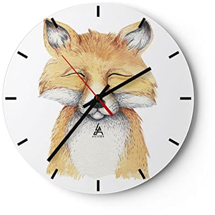 Modern Wanduhr Cartoon Fuchs Kind 40x40cm Rund Groß Wand Uhr Glas Analog Zimmeruhren Küche Büro Wohnzimmer Glasuhr Wall Clock Dekoration Design Wanddekoration Küchenuhr C3AR40x40-4878