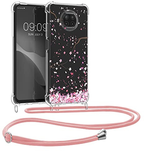 kwmobile Necklace Case kompatibel mit Xiaomi Mi 10T Lite Hülle - Silikon Cover mit Handykette - Rosa Dunkelbraun Transparent Kirschblütenblätter