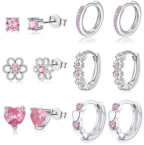 6 Pairs Huggie Hoop Earrings for Girls 925 Sterling Silver Stud Sets Cute Kids Heart Hoops Tiny Cubic Zirconia Flower Stud Small Hypoallergenic Cartilage Sleeper Earrings for Teen Toddler Childs Women