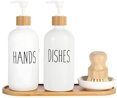 Mifxin Lot de 2 distributeurs de savon en verre avec plateau et brosse à vaisselle en bambou, distributeur de savon pour les mains, 473,6 g, ensemble de cuisine, bouteille à pompe à savon à vaisselle