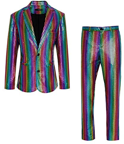 CARUHIF Herren 70er Jahre Disco Outfit Regenbogen Anzug Pailletten Jacke und Hose Halloween Party Kostüm, Z2707, L