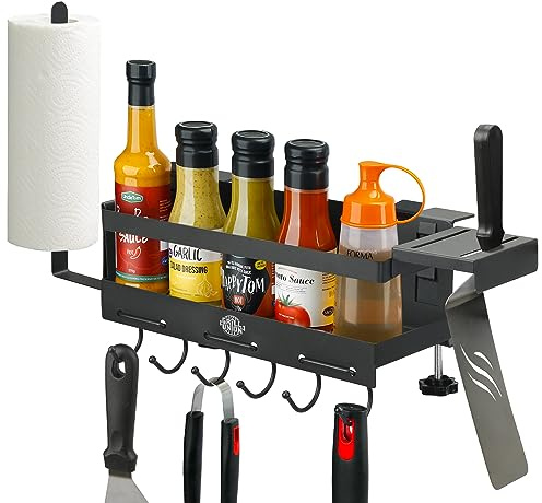 Grill-Grill-Caddy für Blackstone Grillzubehör, platzsparender Grillzubehör, Werkzeughalter, Grillzubehör, Organizer-Box für 71,1 cm, 91,4 cm, Blackstone-Grillplatte, ohne Bohren (mit Spachtelablage)