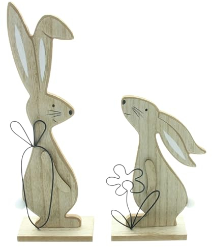 FRANK FLECHTWAREN, Hase Natur, 2er Set, MDF, beidseitig bemalt, Metall, Mattschwarz Maße: Höhe 19 cm, 30 cm, schöne Frühlings-Osterdeko. Vielseitig einsetzbar