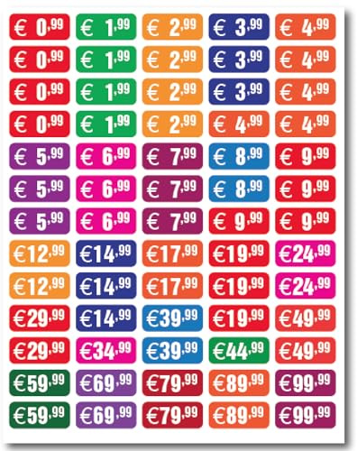 Affichesstore 30274 – Set mit 325 Aufklebern – 5 Bögen mit 65 rechteckigen Klebeetiketten L34 H15 mm – Verschiedene Preise von 0,99 € bis 99,99 €