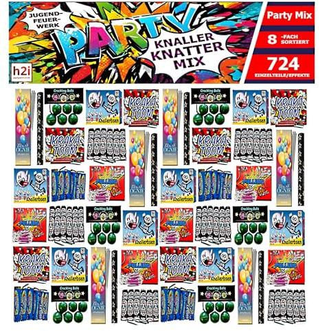 h2i Knaller Knatter Premium Mix | 724 Teile | 8fach sortiert & handverlesen| Partyspaß für Klein & Groß I für Silvester Halloween & Partys | Kinder & Jugendfeuerwerk | c | Ganzjahresfeuerwerk Kat. F1