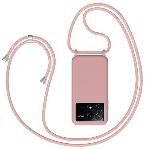 Coqinen Mobile Phone Lanyard for Xiaomi Poco X6 Pro 5G, Silicone Case with Strap, Pink