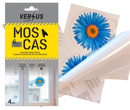 VERSUS Adhesivo-Flor Insecticida Moscas – 4 Uds – 1 Flor Elimina Moscas Durante 6 Meses – Pegatina para Ventanas - No es una Trampa - Los Insectos Mueren Alejados y No Se Quedan Pegados - Sin Olor