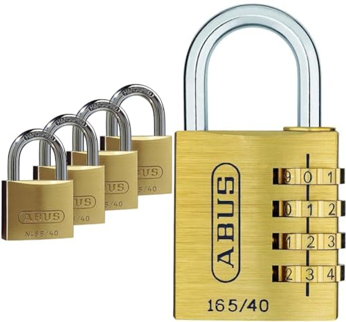 ABUS Vorhängeschloss Messing 65/40-4er Set, gleichschließend & Zahlenschloss 165/40 - Vorhängeschloss aus Messing