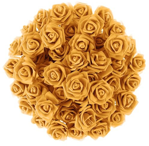 BML 50 x Artificial Rose Flower Heads, Realistic Fake Flowers for Wedding, Party & DIY Decor, Foam Roses (Mustard)