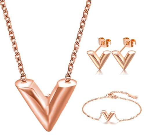 Bcenoilua Women's Jewellery Sets Geometric V-Earrings Necklace Bracelet Dainty Hypoallergenic Letter Large V Metallic Gold Plated Earrings Jewellery Gift for Women Girls MGS