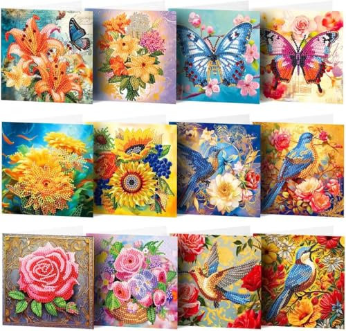 5D DIY Diamond Painting Karten, 6 Stück Strass Handwerk Grußkarte,Diamant Malerei Geschenkkarte Feiertags Dankeschön Handgefertigte Grußkarten für Familie, Liebhaber,Freunde (12 Stück)
