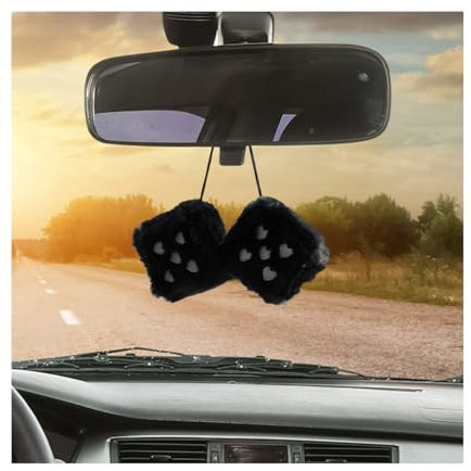 BELOMI Fuzzy Plüsch Auto Retro Quadrat Würfel für Rückspiegel Automotive Retro Square Hängende Würfel mit Punkten Fahrzeug Innenraum Dekorative Anhänger Ornament Universal für RV, SUV, LKW (Schwarz)