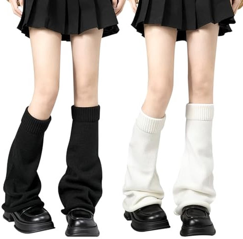 VEGCOO 2 Paia Scaldamuscoli Lavorati a Maglia per Donne e Ragazze, Inverno Scalda Muscoli Donna Gambe Calze Lunghe, Calze al Ginocchio Punk Stivali Scalda Polsini (Tutto bianco e nero, M)