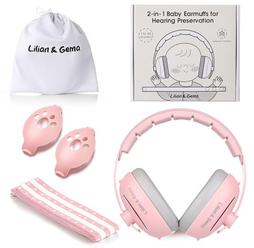 Lilian&Gema 2 in 1 Cuffie Neonato Antirumore -25dB,Protettori acustici per neonati, archetto regolabile, antiscivolo e antistress, protezione acustica ideale per neonati fino a 48 mesi