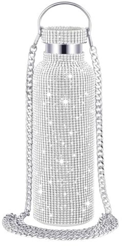 Kznifmk Bling Wasserflasche Silber Strass Glitzer Flasche mit Kette Strassbesetzte Edelstahl Thermosflasche 500ml