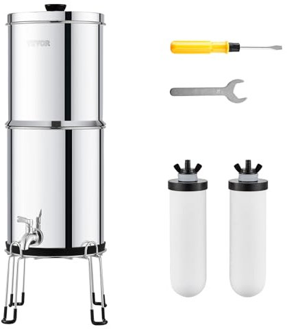 VEVOR Système de Filtration d'Eau par Gravité 8,5 L, Filtre à Eau par Gravité Réduction du Plomb et jusqu'à 99% du Chlore, en Inox 304, avec 2 Filtres à Charbon et Céramique, Robinet et Support