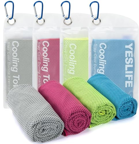 YESLIFE 4 Pack Cooling Towels 40x12, Gym Towels for Men and Women, Soft Breathable Workout Towels for Yoga, Running, Sport, Workout, Camping, Fitness & More (Blue, Grey, Green, Pink)