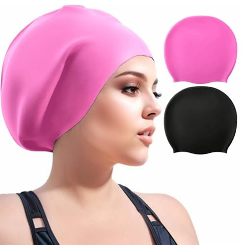 OMBRISA Cuffia Piscina Capelli Lunghi 2 Pezzi, Extra Large Silicone Cuffia Piscina Adulti, Cuffia Nuoto Adatta a Uomini e Donne – Facile da Indossare/Togliere (Nero+Rosa)