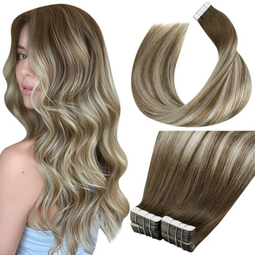 LaaVoo Tape in Extensions Echthaar Balayage Tape in Extesions 100g 40pcs Hellbraun Ombre Platinblond Remy Haarverlängerung Natürlich Hair #8/60/8 40cm