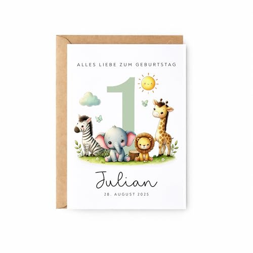 Personalisierte Zahlen Karte für Mädchen & Jungen mit Tieren I Geburtstagskarte für den 1., 2., 3 Geburtstag I Enkel/Nichte I Tante/Onkel