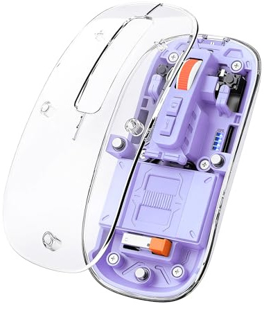 FMOUSE Creative Souris sans fil fine transparente avec coque magnétique, 3 modes (double Bluetooth + USB), bouton DPI et bureau One-Touch pour MacBook/PC/iPad/ordinateur portable Violet