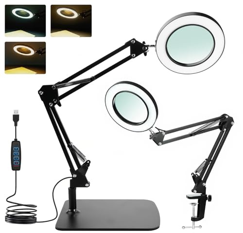 comeder Loupe 15X avec lumière et support – Bras réglable, 3 modes de couleur, LED à intensité variable, pince mains libres pour la lecture, l'artisanat, la couture et les loisirs (15X)