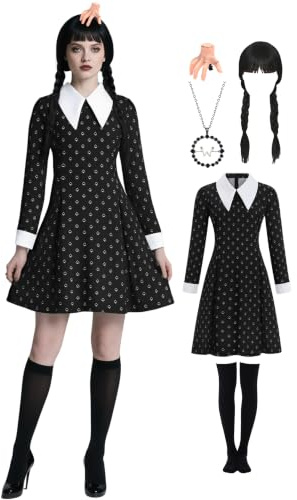 Slivomi Schwarzes Kleid für Damen und Mädchen, Halloween-Kostüm, mit Zubehör, Perücke, Halskette