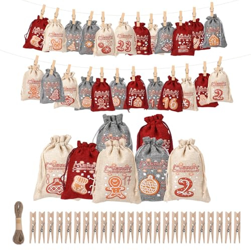 24 Stück Adventskalender zum Befüllen 2025, Weihnachtskalender zum Befüllen, Befüllbarer Adventskalender, Stoff Säckchen, Weihnachtskalender Stoffbeutel, DIY Adventstüten für Frauen, Männer