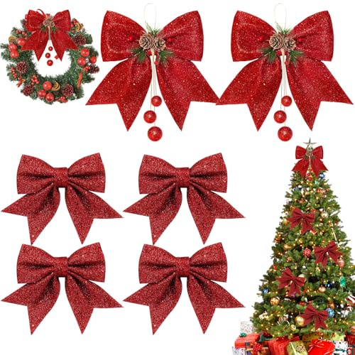 6 Pack Red Bows for Christmas Tree, Glitter Red Wreaths Bows for Christmas Tree Decorations, Xmas Trees Bow for Xmas Decorative Ornaments Trees, Wreaths, Garland