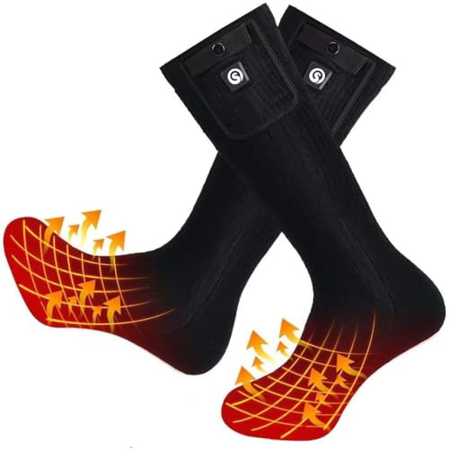 Beheizte Socken mit Akku 7,4V 2200mAh, Heizsocken für Damen und Herren, 3 Heizstufen, 100% Baumwolle, elektrische Wintersocken für Skifahren, Wandern, Arbeit & Outdoor (Schwarz, L-1)