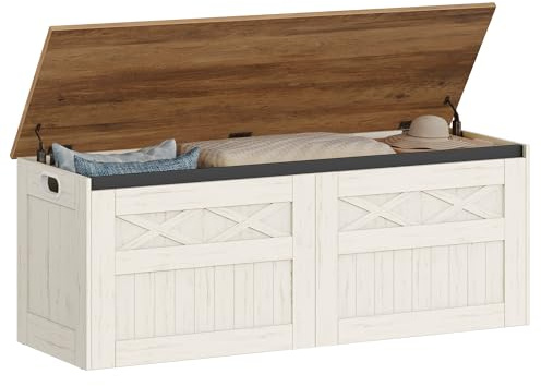 Hzuaneri 47.2 Storage Chest, Large Storage Bench with 2 Hinges, Farmhouse Wooden Box Bench, Lift-Top Organizer Chest, Wooden Bed End Bench, Suitable for Entryway, Bedroom, Retro White SB51214X
