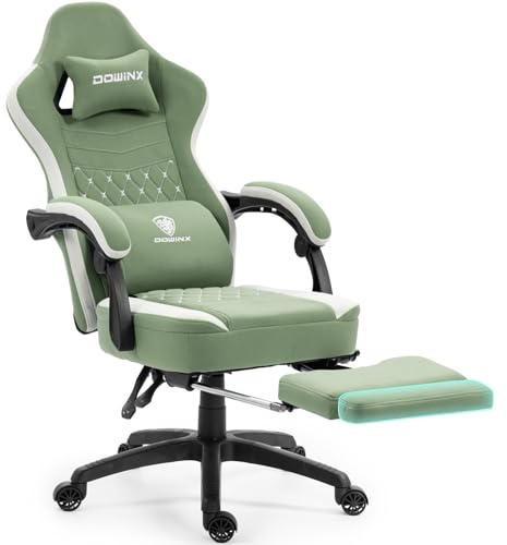 Dowinx Gaming Chair Fabric with Extendable and Folding Footrest, Ergonomic Office Chair with Gel Cushion and Pocket Spring Cushion, Computer Gaming Chair, Gamer Chair for Adults, Green