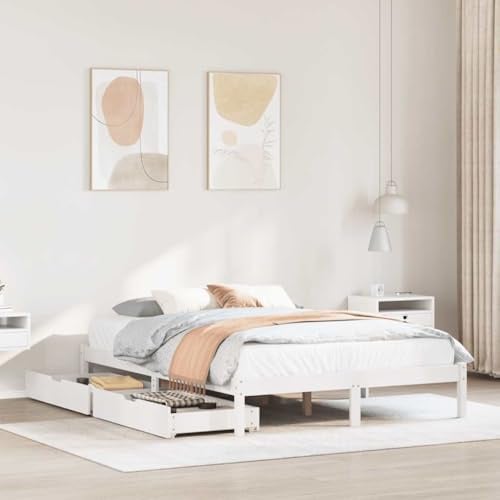 Runheo Massivholzbett Weiß 120x200 cm aus Kiefernholz, Stabiler Bettrahmen mit Lattenrost, 2 rollbaren Schubladen, ideal für Schlafzimmer