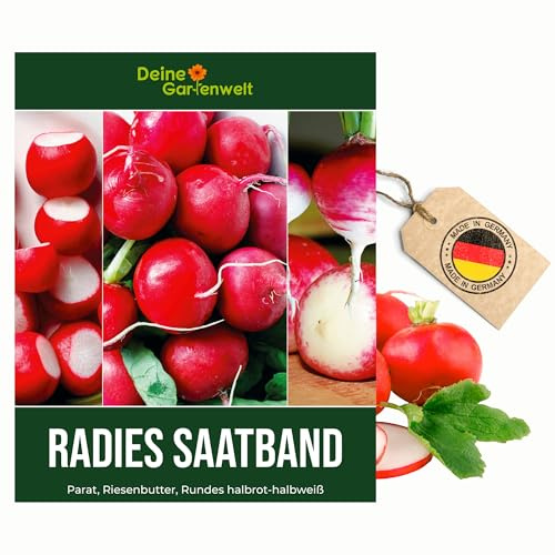 Saatband Radies 5 m mit 3 Sorten: Parat, Riesenbutter und Rundes halbrot-halbweiß Samen - Raphanus sativus - Radiessamen - Gemüsesamen - Saatgut