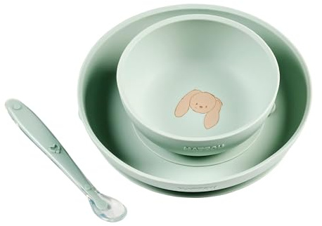 Nattou Mealtime Silikon Geschirrset für Kinder 3-teilig mit Saugnapf - Kindergeschirr - Kinderteller - Schüssel - Löffel - rutschfest - BPA-frei - Lindgrün